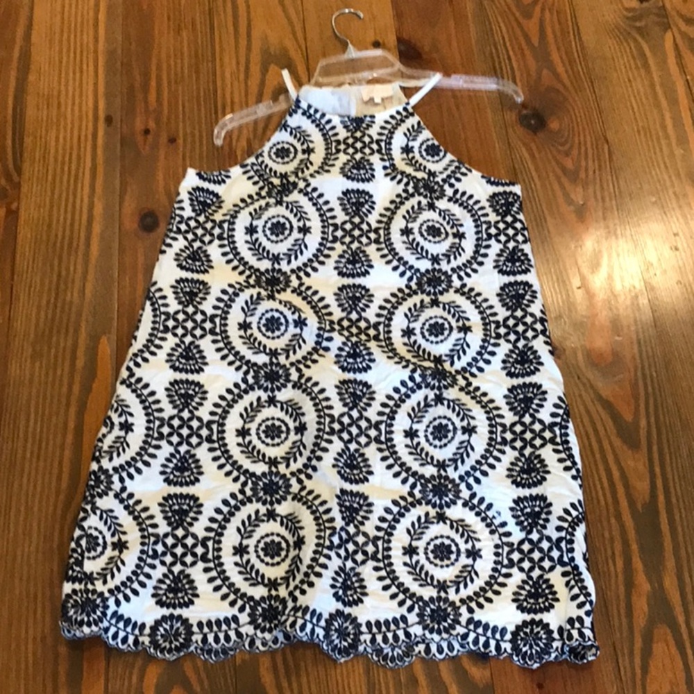 entro White and Navy Embroidered Halter Mini Dress